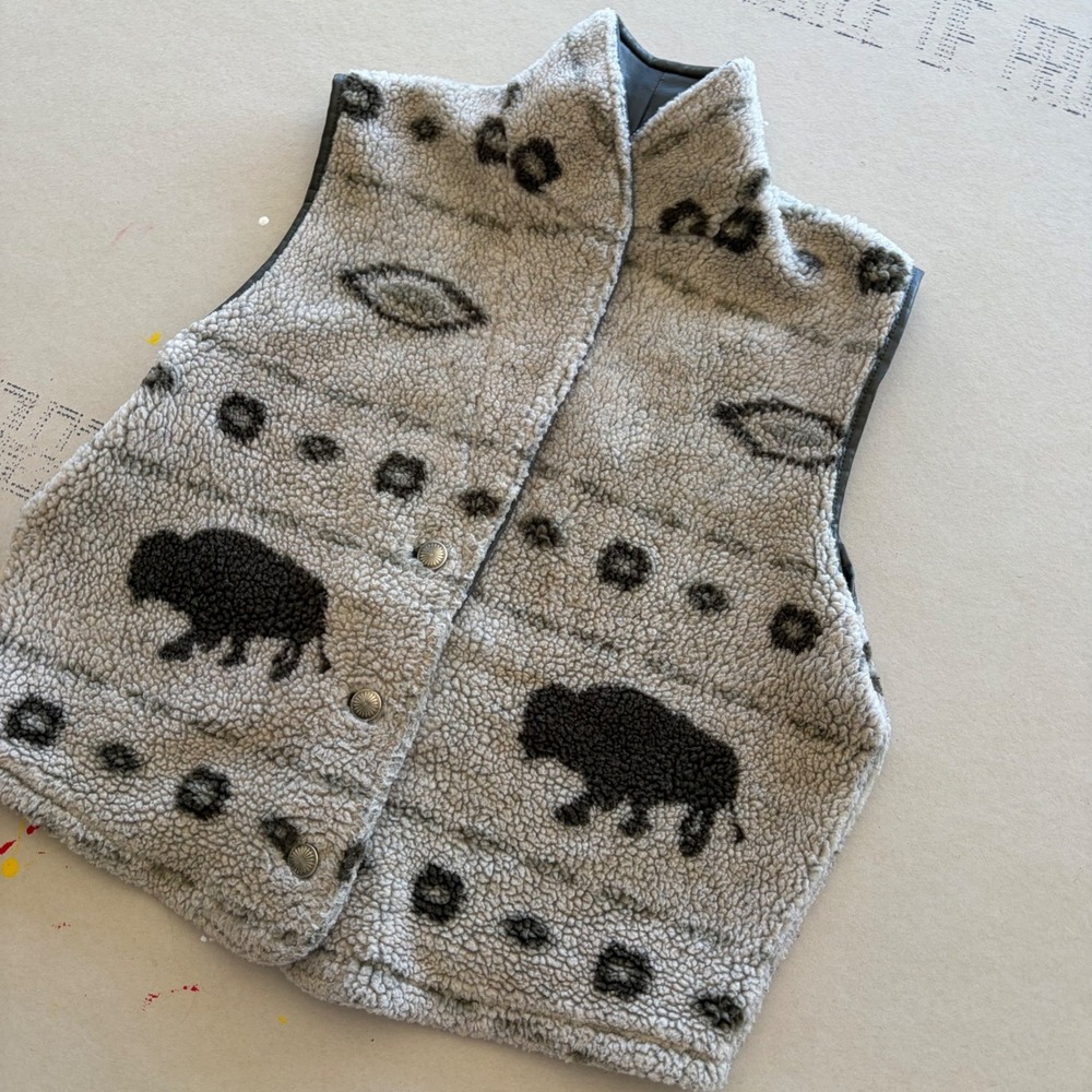 Vintage Wrangler Sherpa Fleece Vest Buffalo Print Grey